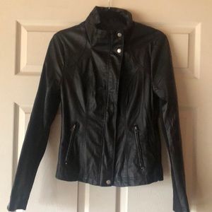 RD Style fitted faux leather and knit moto jacket